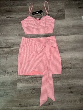 Fashion Nova Pink & White Pinstripe Crop Tank and Wrap Skirt Set